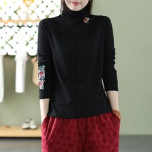 民族风刺绣德绒修身保暖半高领打底衫女2025秋冬季内搭中国风长袖