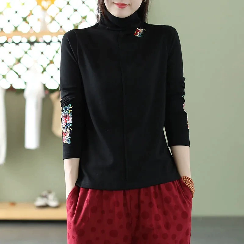 Женская теплая рубашка с вышивкой в ​​этническом стиле, облегающая теплая рубашка с полугольфом для женщин, осень и зима 2025, с длинными рукавами в китайском стиле