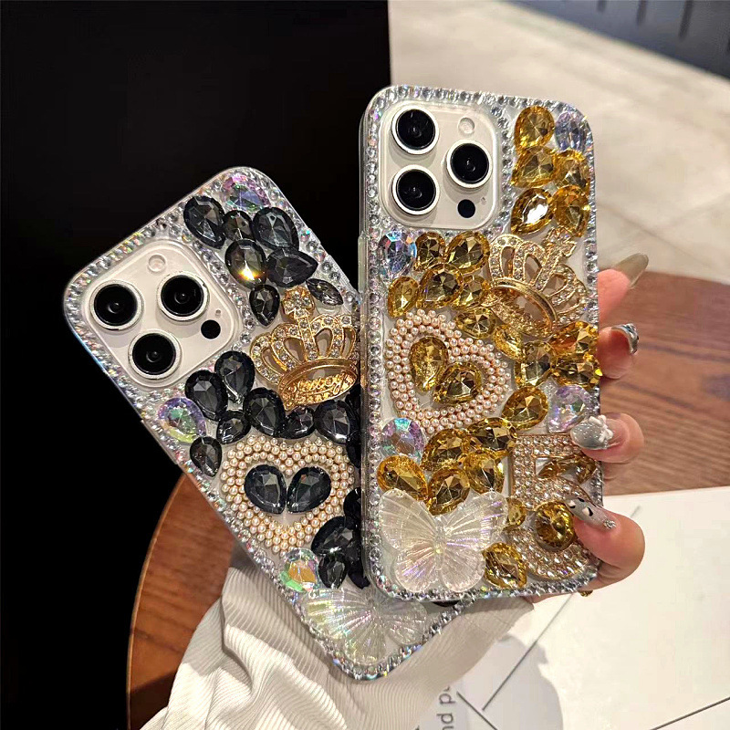 适用苹果17Pro max手机壳金属皇冠爱心 iphone16蝴蝶彩钻15保护套