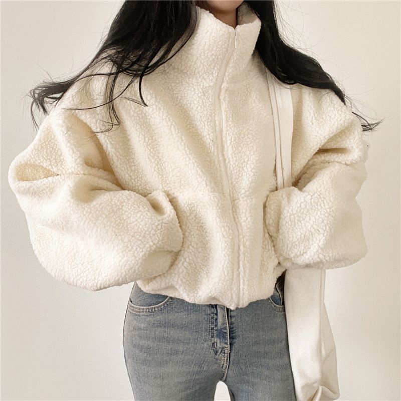 Vertical Collar Short Sweater Women's Autumn and Winter fleece-lined Thickened Loose Ins Lazy Style Lamb Velvet Cardigan Zipper Jacket