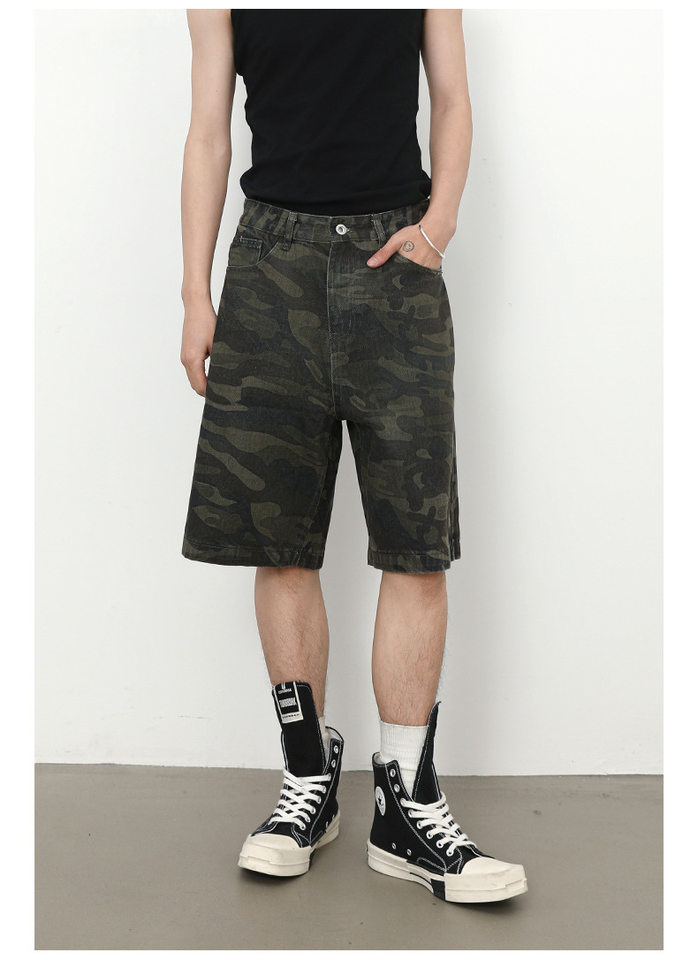 Quần short nam denim họa tiết rằn ri phong cách công sở đi biển — Màu trắng, Màu đen, Màu đất gỉ sét, Ngụy trang màu mơ chi tiết 10