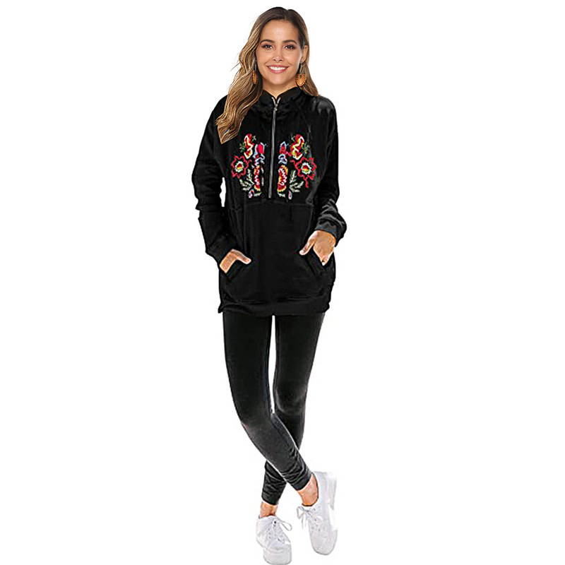 Cross-border foreign trade women's top Amazon new autumn mid-length casual embroidered zipper coat long sleeve sweater