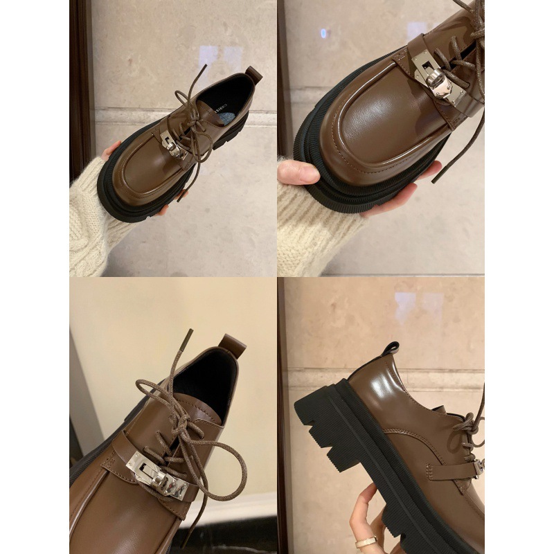 Cowhide version~Su Yinyin's same small leather shoes, women's lock buckle, round head tie up single shoe, sponge cake thick sole, high height loafers