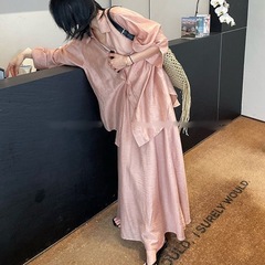 韩系新款2025年夏季时尚粉色老钱松弛气质显贵衬衫半裙套装两件套