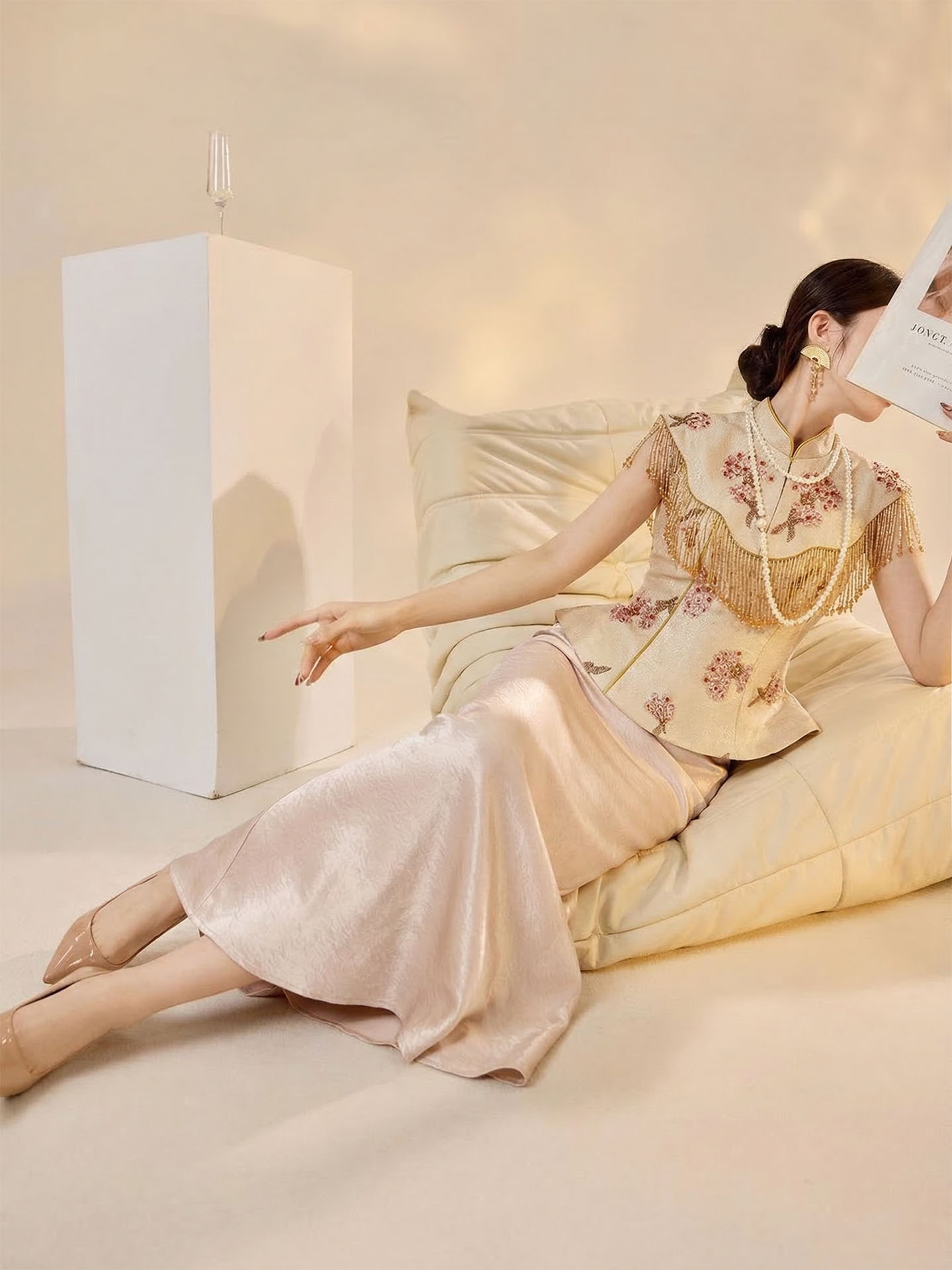 Bộ váy áo không tay thêu hoa kiểu Trung Quốc mới – áo khoác vai + áo gile + chân váy nửa — Mây vai, Trang chủ, Champagne màu nửa váy