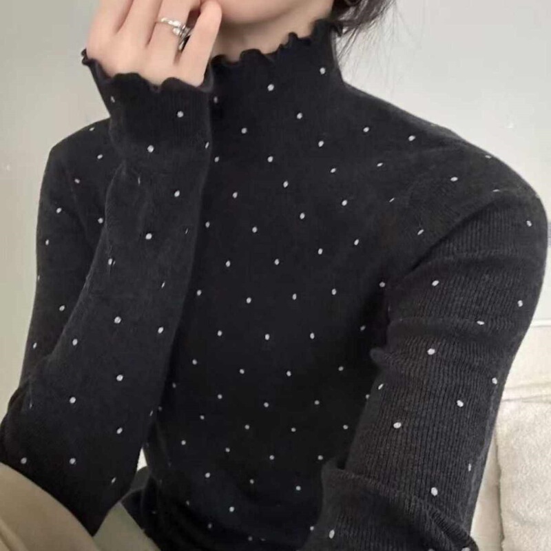 Women's new autumn and winter polka dot half-high collar knit sweater, slim-fit basic base layer top