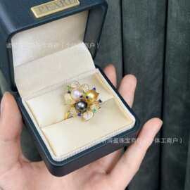 S925银新款复古高级珍珠戒指 海水akoya大溪地海水南洋金珠三色珠