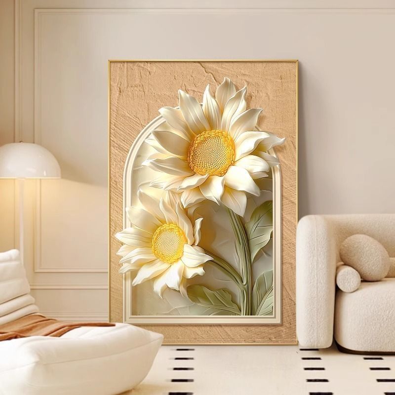 Entrance Hanging Painting Floral Sofa Background Wall Style Living Room Decorative Painting Floor Painting Sunflower Wood Texture Cream