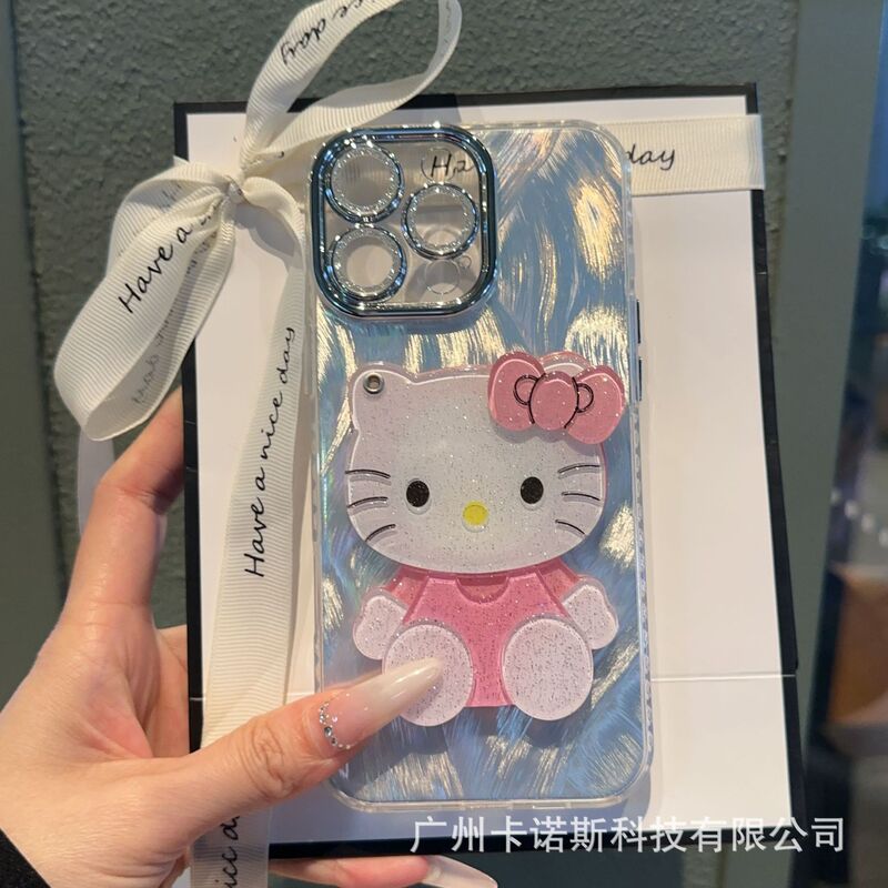 Fine Hole Feather Gauze Makeup Mirror Kt Cat Apple 17/15Pro Phone Case 14/13/12 Cute Girl Fine Hole Feather Gauze Makeup Mirror Kt Cat Apple 17/15Pro Phone Case 14/13/12 Cute Girl