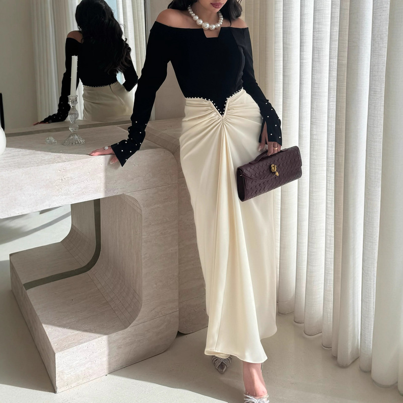 2025 Autumn/Winter Cross-Border European and American Women's Fashion Independent Site Amazon Elegant Bodycon Color-Blocked Pearl Dress