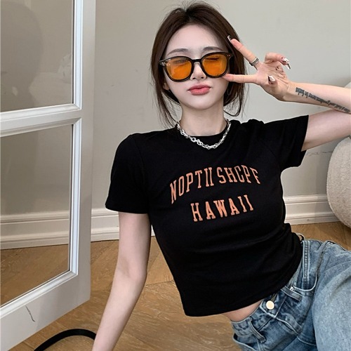 Black Letter Print Women's Ins Trend 2025 Summer Hot Girl Short-Sleeve T-Shirt Slim Fit Crop Top Underwear