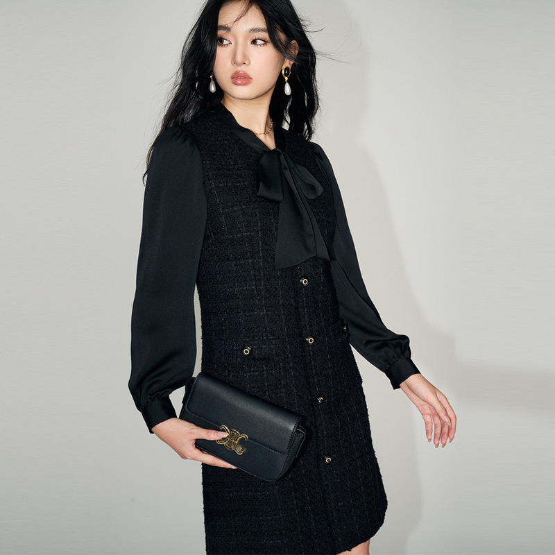 【Shengdu】26 Spring New French Style Tweed Dress with Ribbon Bow and Knitted Tweed Patchwork Fake Two-Piece Dress