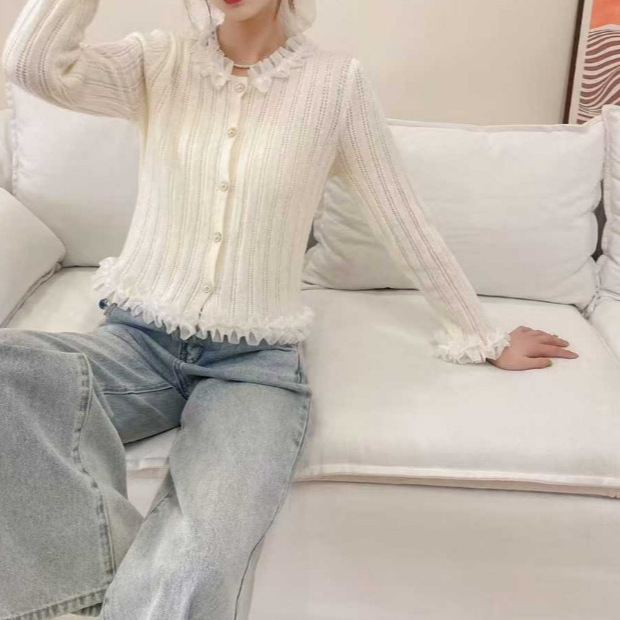 法式小香风圆领木耳边拼接气质修身针织衫开衫女装25秋冬毛衣外套|undefined