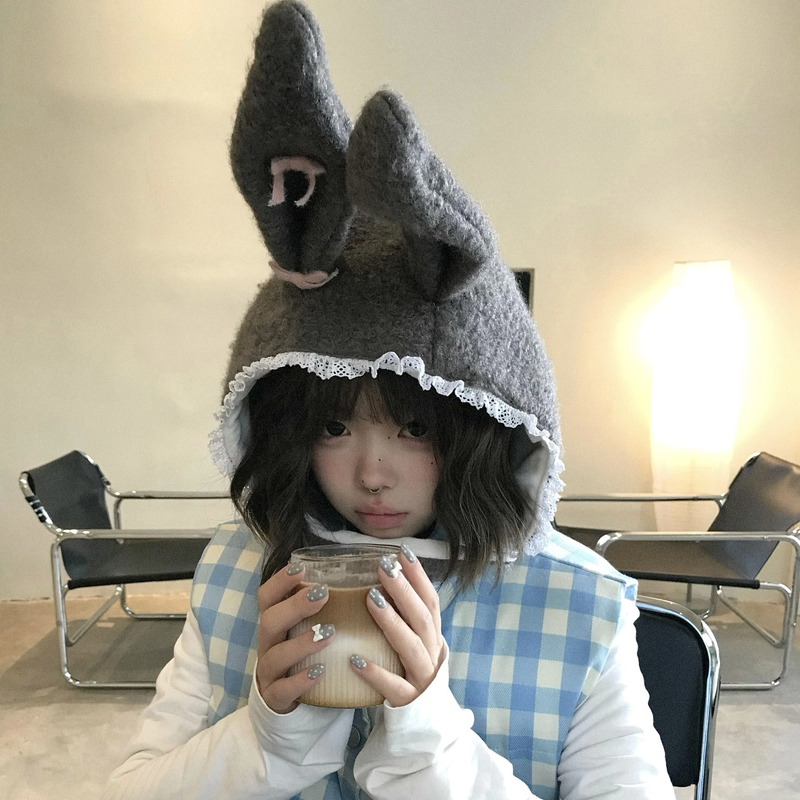 甜美可爱兔子耳朵毛绒帽子女秋冬保暖护耳雷锋帽显脸小加厚套头帽|undefined
