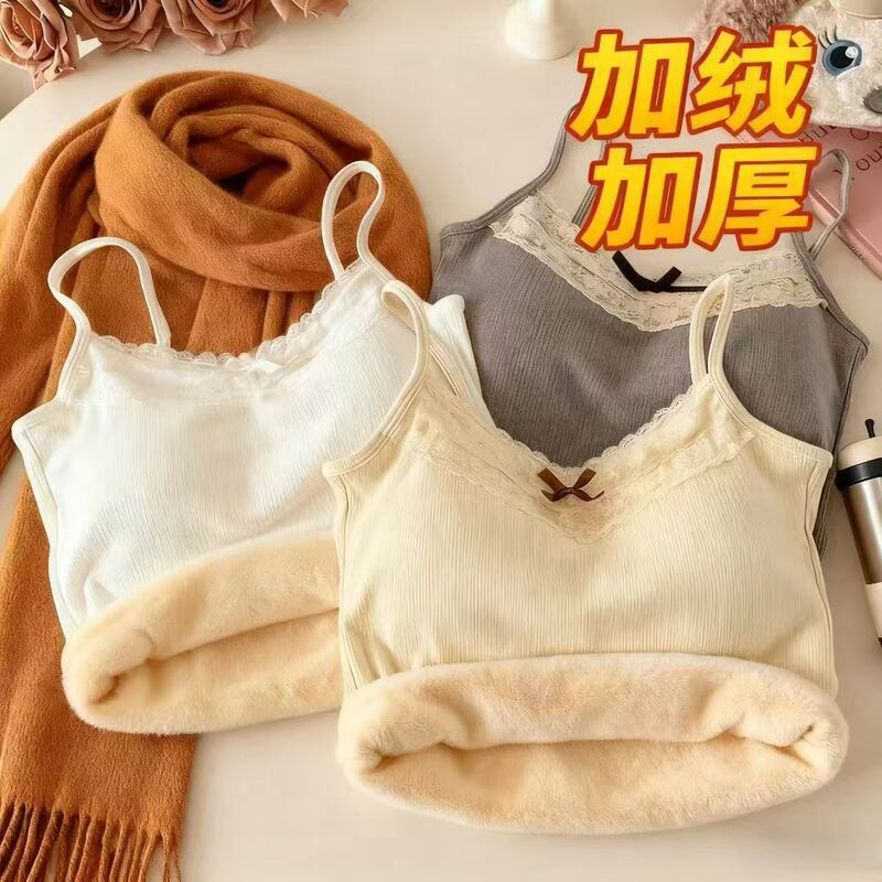 Popular Velvet Thickened Pure Lust Style Sexy Lace Bow Camisole for Women to Wear Inside and Outside