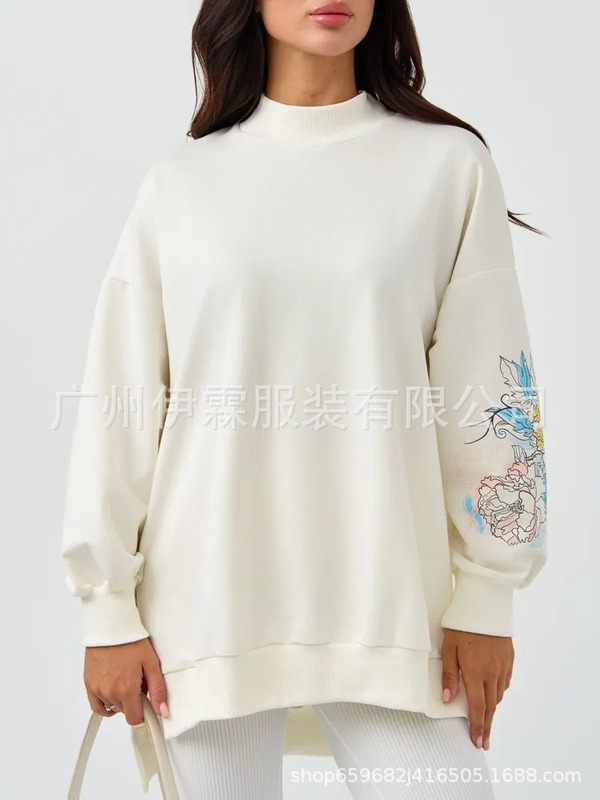 2025跨境欧美印花秋冬新款气质百搭开衩罗纹圆领长袖加绒卫衣女|undefined