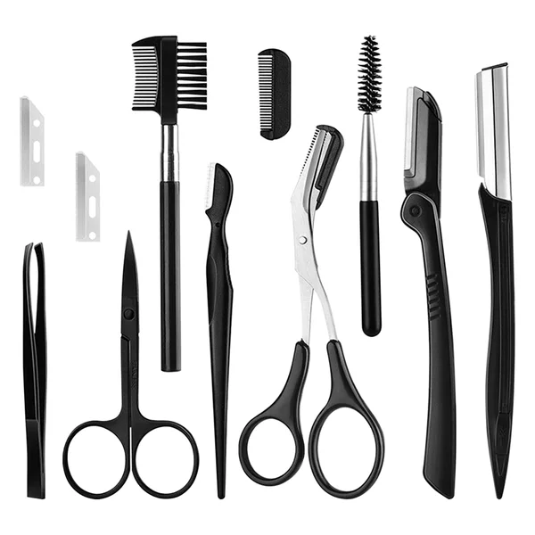 Stainless Steel Folding Eyebrow Trimmer Beginner Beauty Tool Eyebrow Scissors Black with Comb Eyebrow Clip Brush Set 11-Piece Set