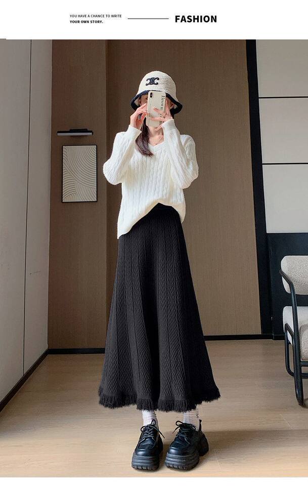 Chân váy dệt kim dày nữ dáng chữ A cạp cao xếp ly tua rua dáng dài — màu kaki, màu mơ, xám đậm, đen chi tiết 23