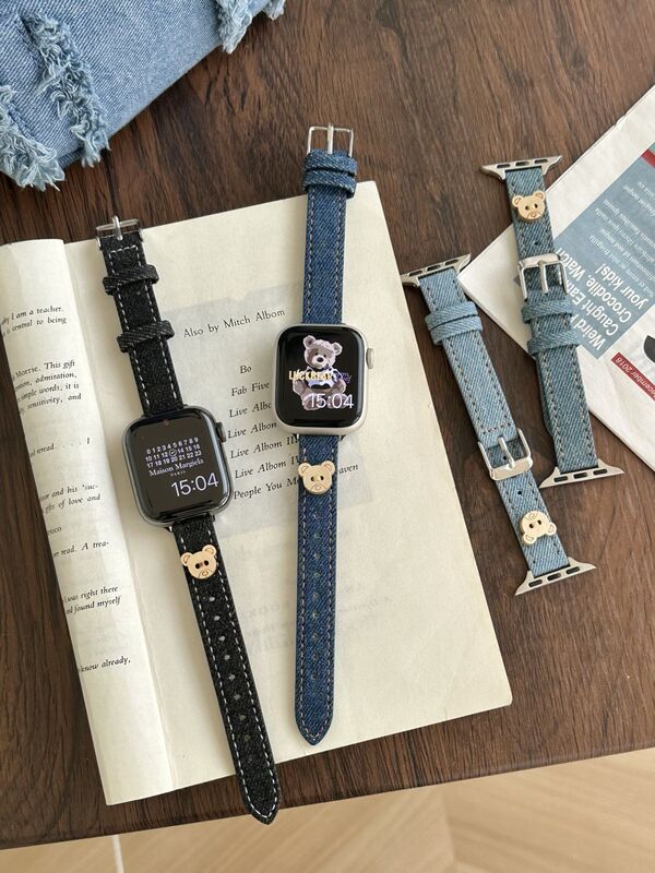 Suitable for Apple Iwatchs10S9Ultra 8765432 Women's Thin Bear Denim Genuine Leather Watch Strap Suitable for Apple Iwatchs10S9Ultra 8765432 Women's Thin Bear Denim Genuine Leather Watch Strap