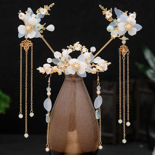 New Hanfu headdress with tassels, a full set of ancient style hairpins, Chinese style classical simple hair accessories, super fairy ancient costume step hairpins