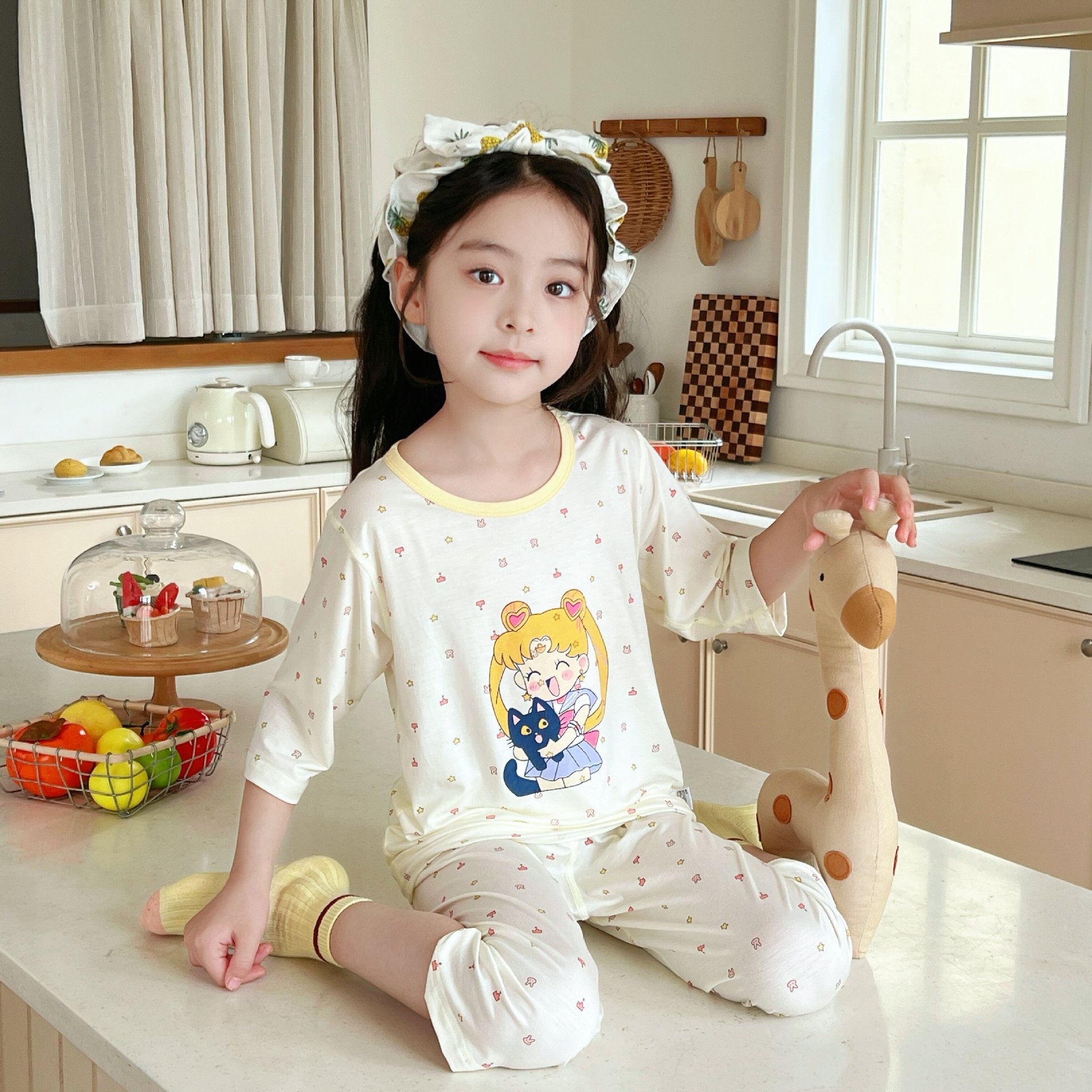 [Personalizado] Pijamas para niños, ropa de aire acondicionado ligera y transpirable para niños de verano, traje de ropa para el hogar de encaje de manga tres cuartos para niñas