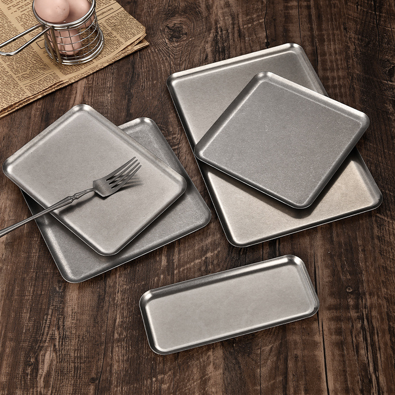 Retro Old Square Plate 304 Stainless Steel Flats Bottom Tray Western Steak Plate Barbecue Display Plate Snack Cake Plate