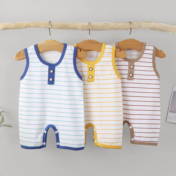 Summer New Baby Sleeveless Rompers, Male and Female Baby Stripesd Classic Kidsren's Clothing Pure Cotton Newborn Crotchless Clothes