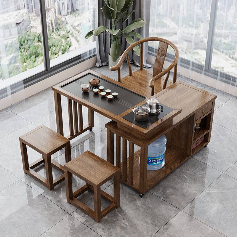 阳台小户型移动1米1.2米桌椅组合橡胶木带烧水实木茶桌旋转式茶台