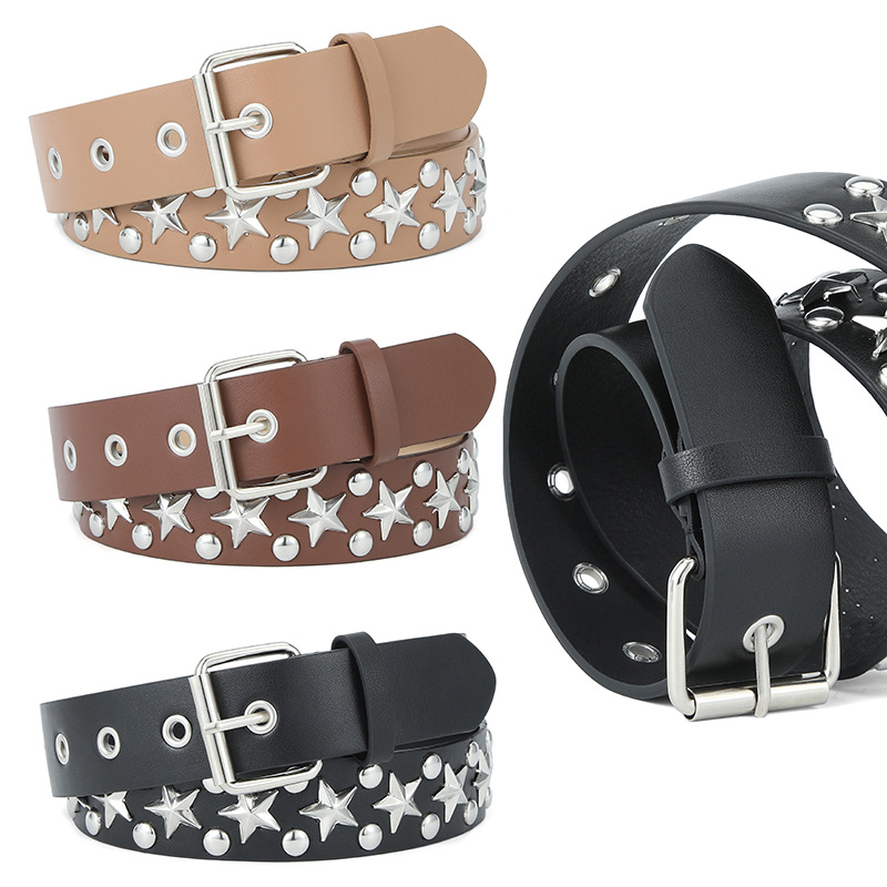 Cinturón Punk con Remaches y Estrellas de Piel de PU con Hebilla de Aguja para Jeans