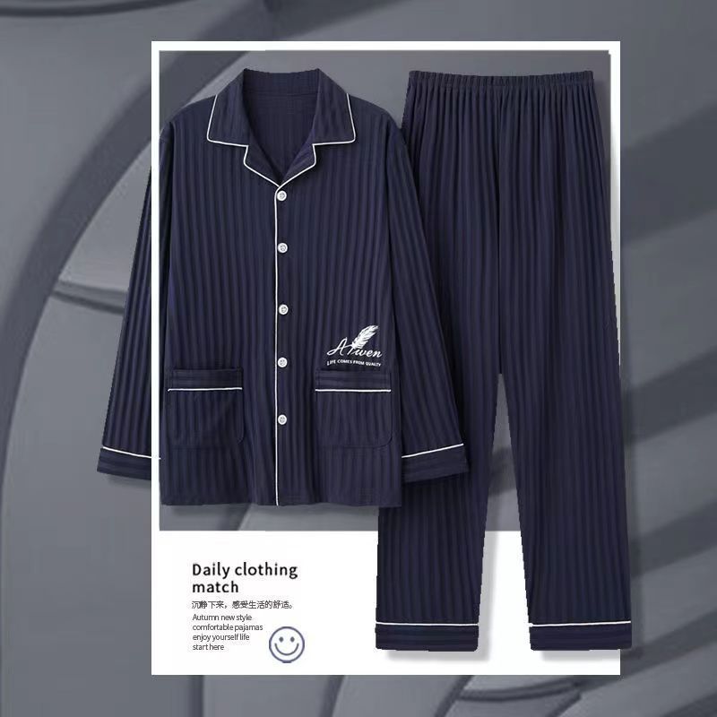 Pijama de algodón masculino primavera y otoño cardigan de manga larga suelta más grande se puede usar fuera del conjunto de ropa de casa