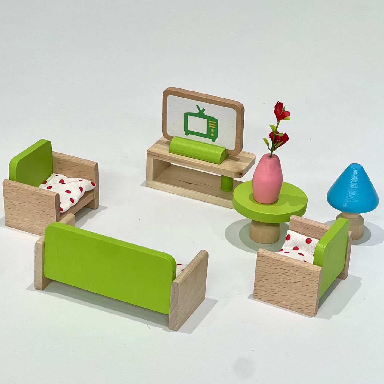 Mini conjunto completo familia juguetes de madera niños jugar casa linda simulación muebles pequeños traje noche mercado juguetes pequeños