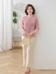 Fashion Suit, Middle-Aged Three-Quarter Sleeve Shirt Two-Piece Set, New Summer Round Neck Casual Mom Cotton and Linen Top
