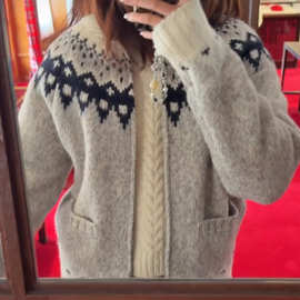 现货2025冬季新韩国东大门宽松百搭翻领拉链针织开衫提花口袋毛衣