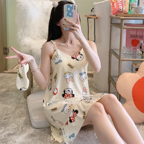 New summer nightgown for women, Korean style sexy suspender skirt with breast pads, eye mask, sweet pajamas, can be worn outside home clothes