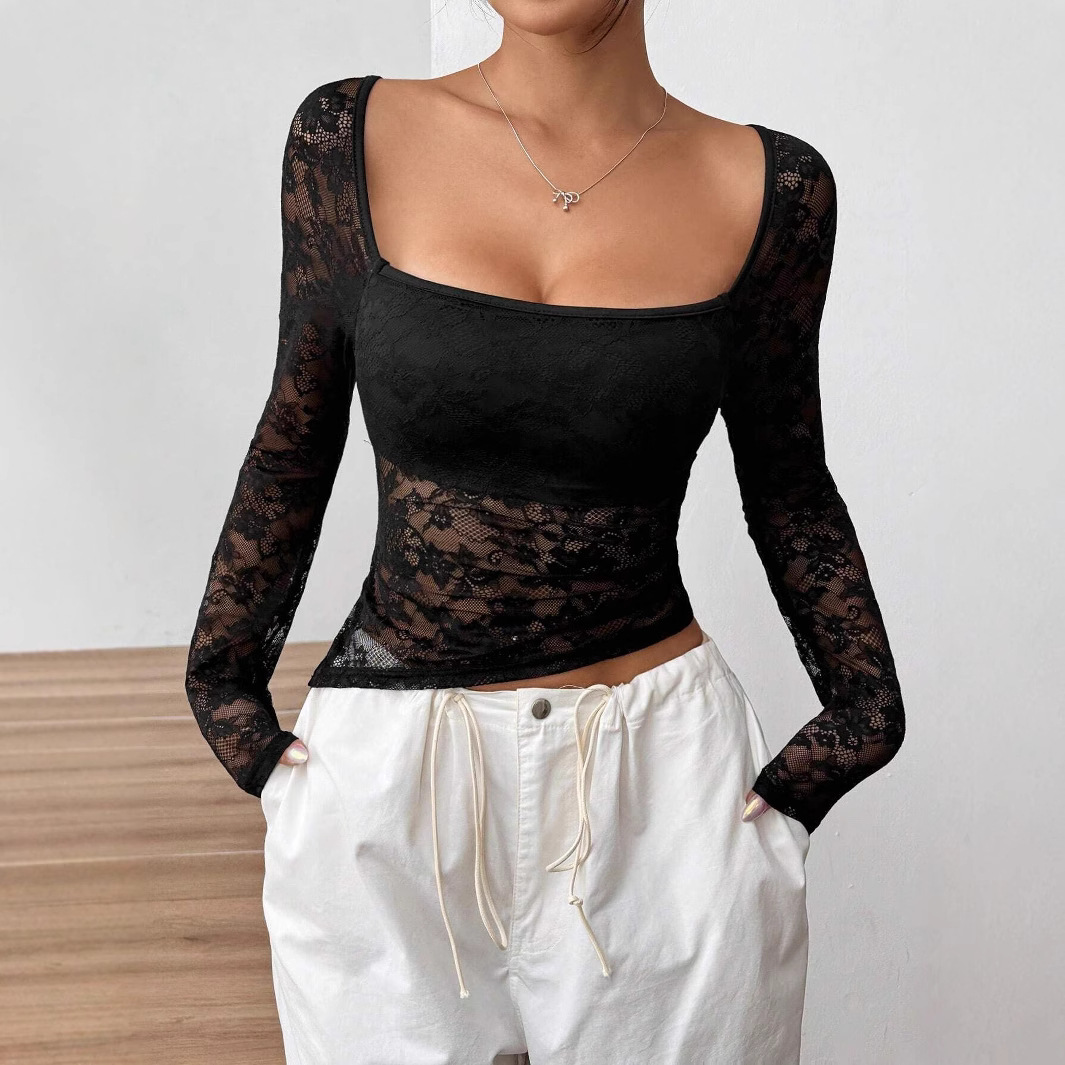 European and American cross-border 2025 new elegant women's lace U-neck asymmetric hem design long-sleeved T-shirt top for women