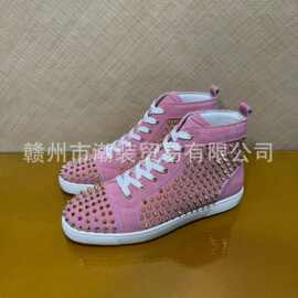 cl andgz男鞋粉色麂皮金色铆钉高帮系带红底鞋情侣款女鞋休闲板鞋