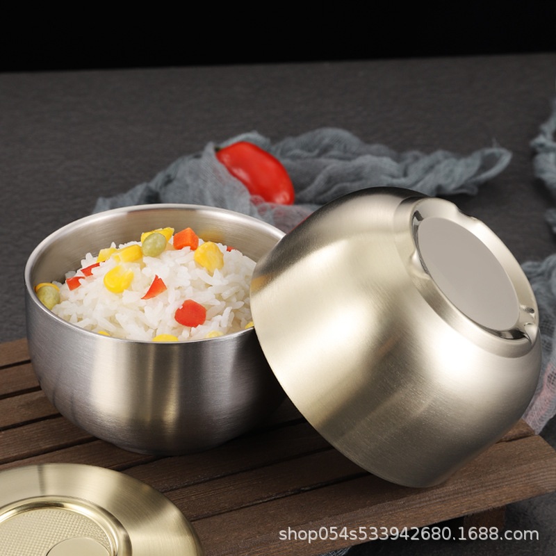 Suministro directo de fábrica restaurante coreano tazón de sopa de acero inoxidable creativo dorado doble capa de aislamiento térmico condimento tazón de arroz con tapa