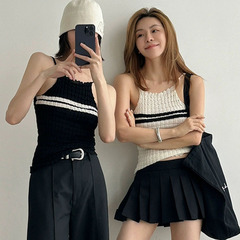 泡泡格條紋性感吊帶針織小背心上衣女