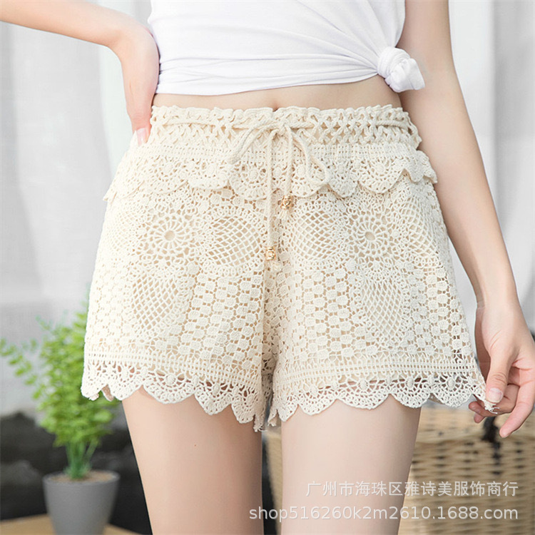 Lace Hollow Sports Shorts Women's Winter Thin Small Outer Wear High Waist Anti-Light A- line Wide Leg Three-point Pants