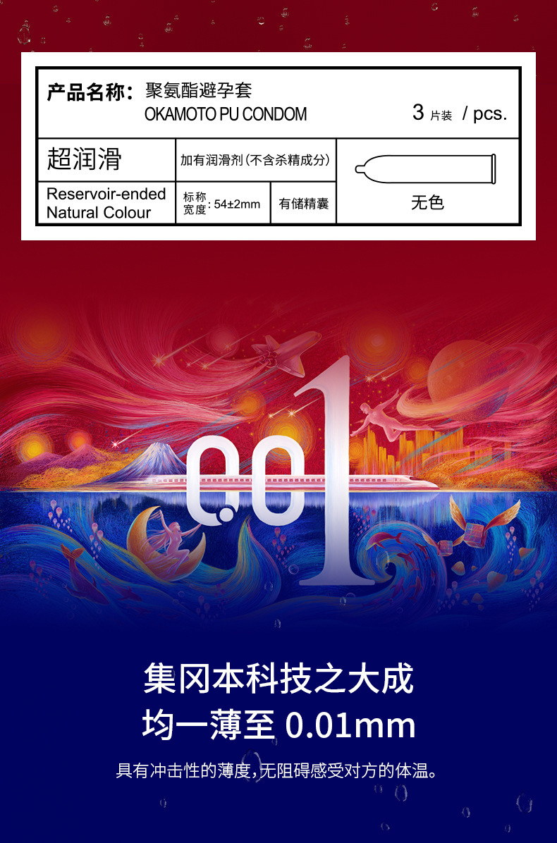 Okamoto 001 Polyurethane Condoms Ultra-Lubricated 3-Pack Male Condoms — detail image 12