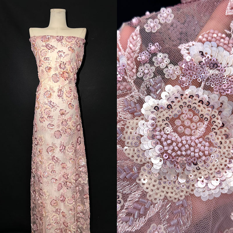 Europa y América industria pesada sequinilla tela vestido de boda estilo nacional tela de malla cuentas bordado tubo de fábrica directa