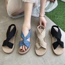 2022新款凉鞋女夏季外穿草编亚麻罗马凉鞋松紧带交叉平底女鞋批发