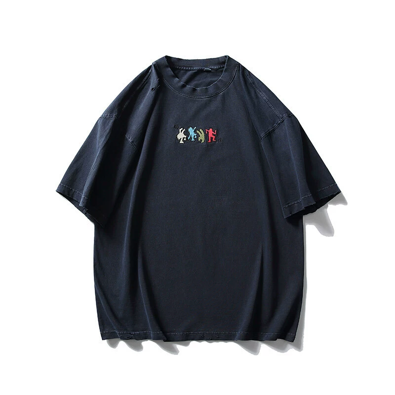 Платье Road Vintage 2025 Summer New Heavyweight Japanese Retro Interesting Embroidery Design Washed Distressed Round Neck Short Sleeves