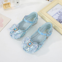 Princess Girl Patent Leather Shoes 2023 Summer Casual Elsa Crystal Medium Heel Little Girl One Strap Magic Tape Slip-on Shoes