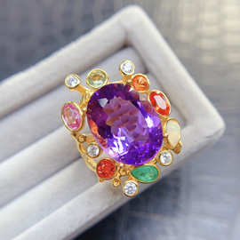 跨境天然紫水晶戒指女配饰小众高级感925银饰12*16时尚工厂直销