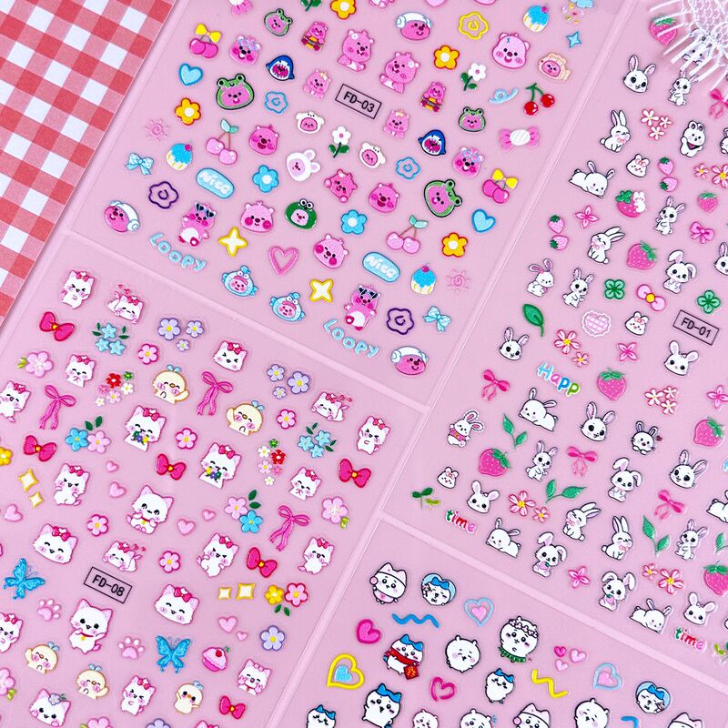 New 5D Embossed Nail Art Stickers Cartoon Kidsren's Cute Graffiti Kitten Bunny Fox Chikawa Snoopy