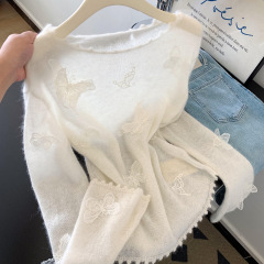 广州十三行高货爆款~白色针织毛衣女士秋季设计感内搭长袖T恤上衣