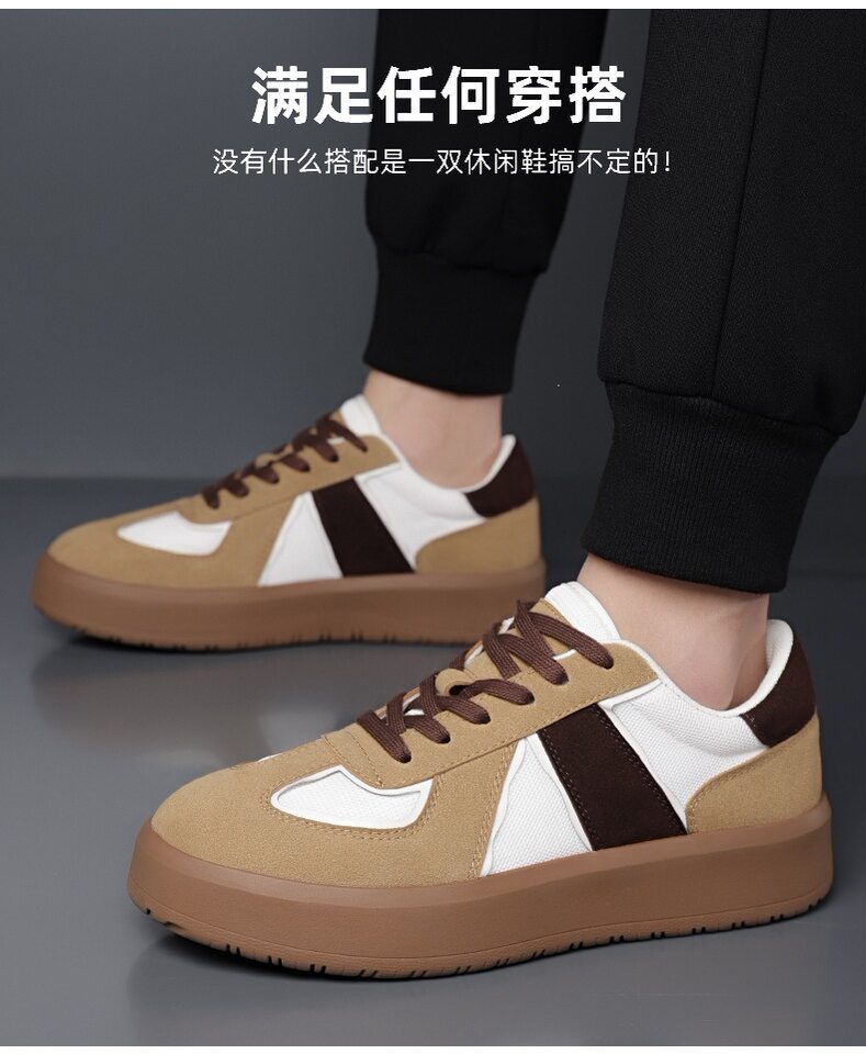 Giày sneaker nam cổ thấp phối màu, mũi tròn, đế cao su, thoáng khí, dây buộc — Màu lạc đà, Màu trắng chi tiết 14