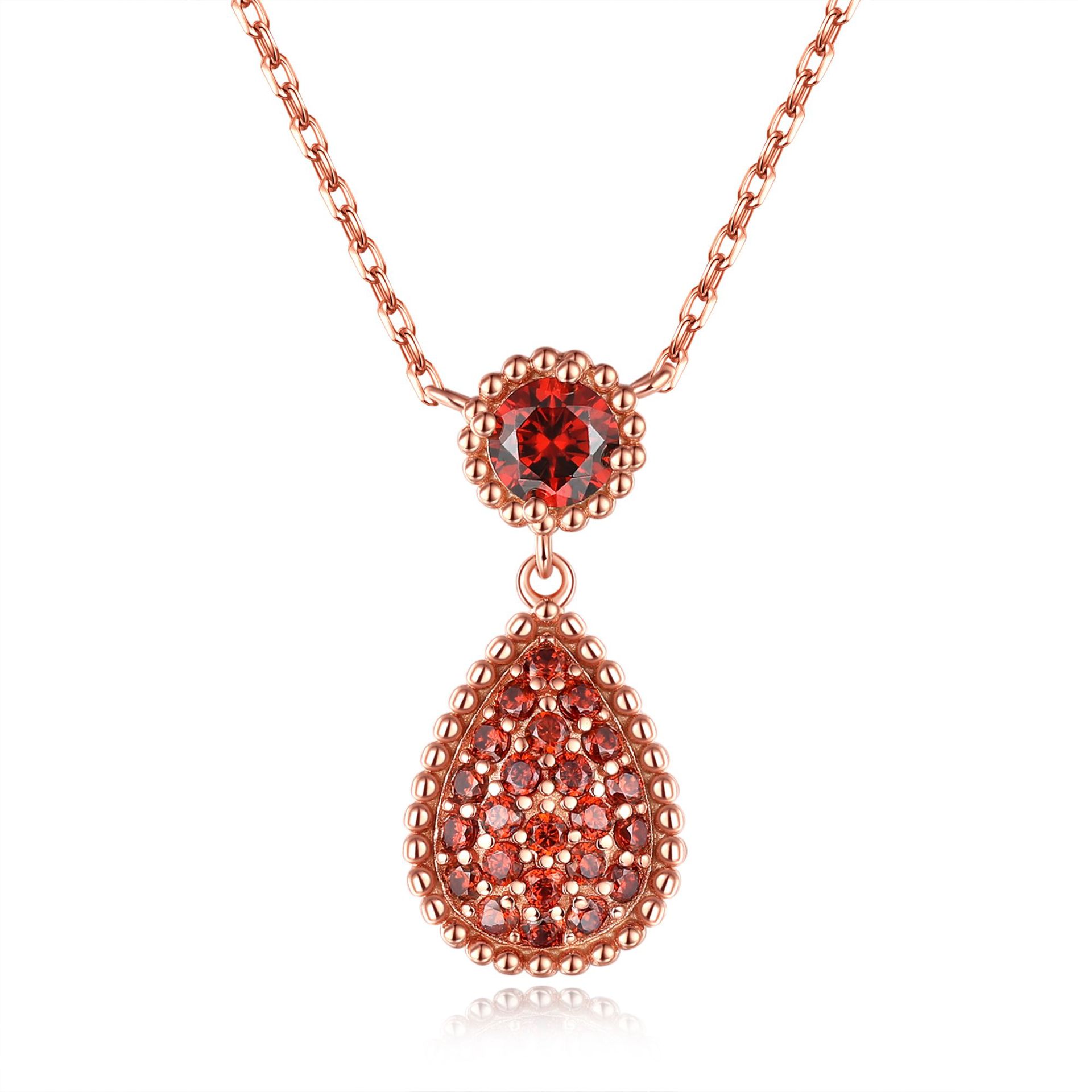 Tong Lin foreign trade new S925 sterling silver garnet red zircon necklace European and American fashion big rose gold drop pendant
