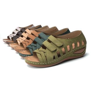 2020 Cross-Border Plus-Size Women's Sandals Amazon Flat Wedge Heel Velcro Pu Rubber Women's Shoes New Cross-Border Trendy Shoes